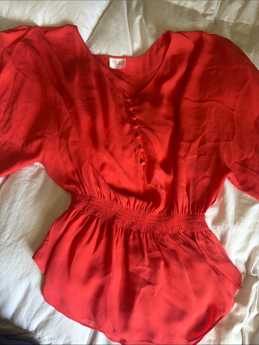 Parker Bright Red Button-Front Blouse with Smocked Waist - Picture 1 of 6